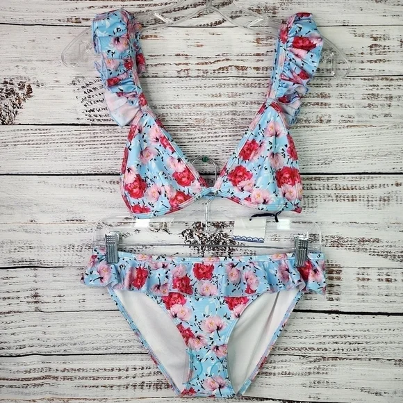 ASOS PLAYFUL PROMISES BEACH SIZE UK 10 6 USA BLUE FLORAL 2PC BIKINI SWIMSUIT - Picture 9 of 17